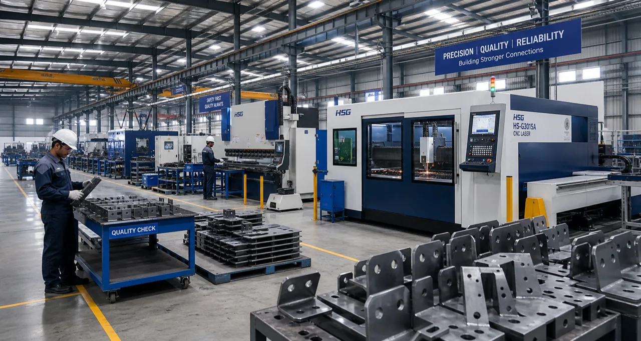 Modern CNC fabrication factory floor with workers inspecting metal brackets